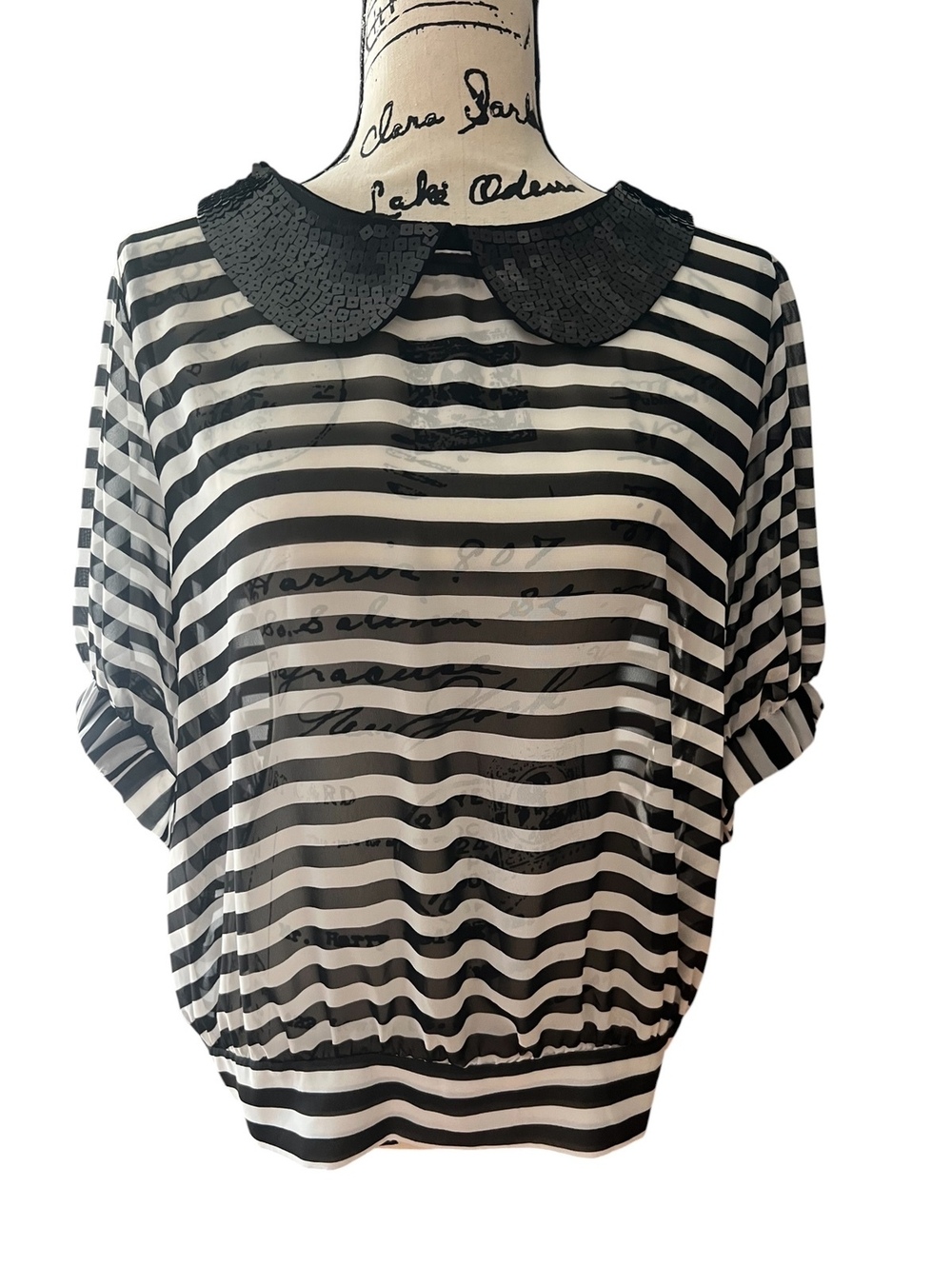 Bisou Bisou Michele Bohbot Striped Blouse Sequin Peter Pan Collar Tie Back XL
